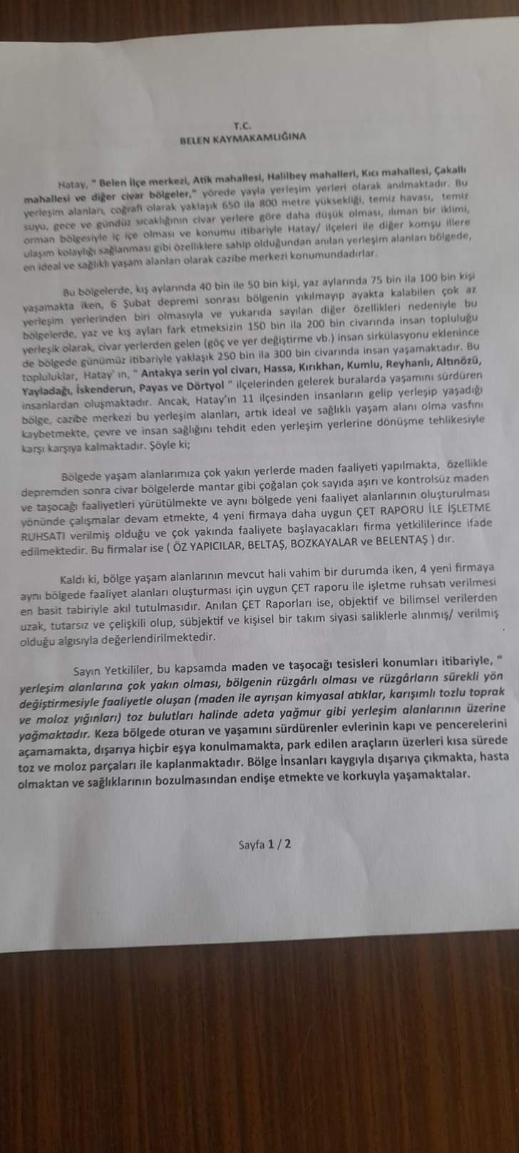 Belen’de Muhtarlar Taş Ocaklarına Karşı Birlik Oldu