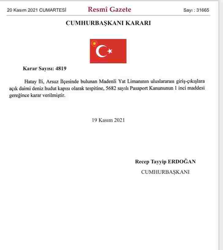 Arsuz Madenli Yat Limanı Deniz Hudut Kapısı Oldu