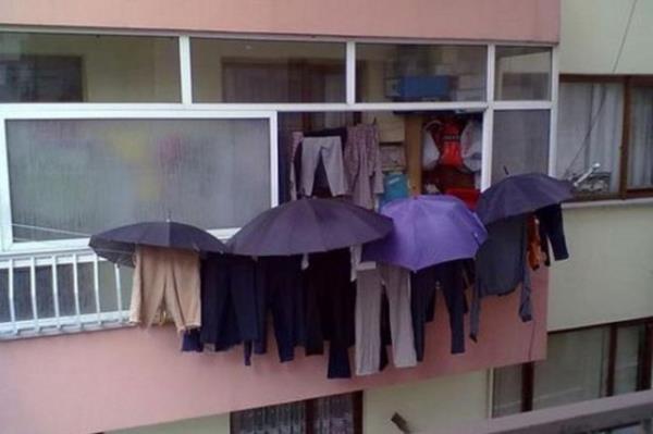 İtina İle Çamaşır Kurutulur! Trabzon'da son 1 haftadır etkili olan sağanak yağışlar ev hanımlarını da zor durumda bıraktı. Erdoğdu Mahallesi'nde bir apartmanın penceresine kuruması için asılan çamaşırların yağan yağmurdan ıslanmaması için üzerlerine 4 şemsiye açıldı. Elbiseleri yağmur yağdıkça içeri alıp yağmur dinince yeniden asmaktan usandığı sanılan ev sahibinin, çamaşır ipine kurutmak için astığı kıyafetleri 4 şemsiye ile yağmurdan korumaya çalışması görenleri gülümsetiyor.