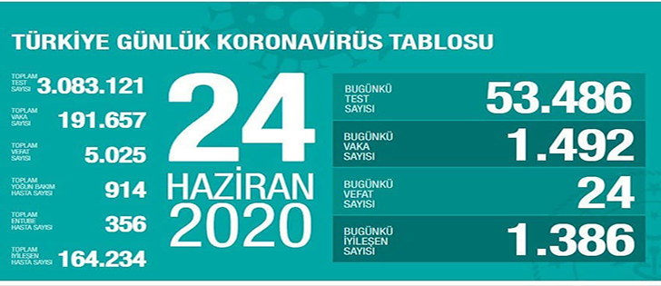 Türkiye'de koronavirüs nedeniyle son 24 saatte 24 kişi hayatını kaybetti